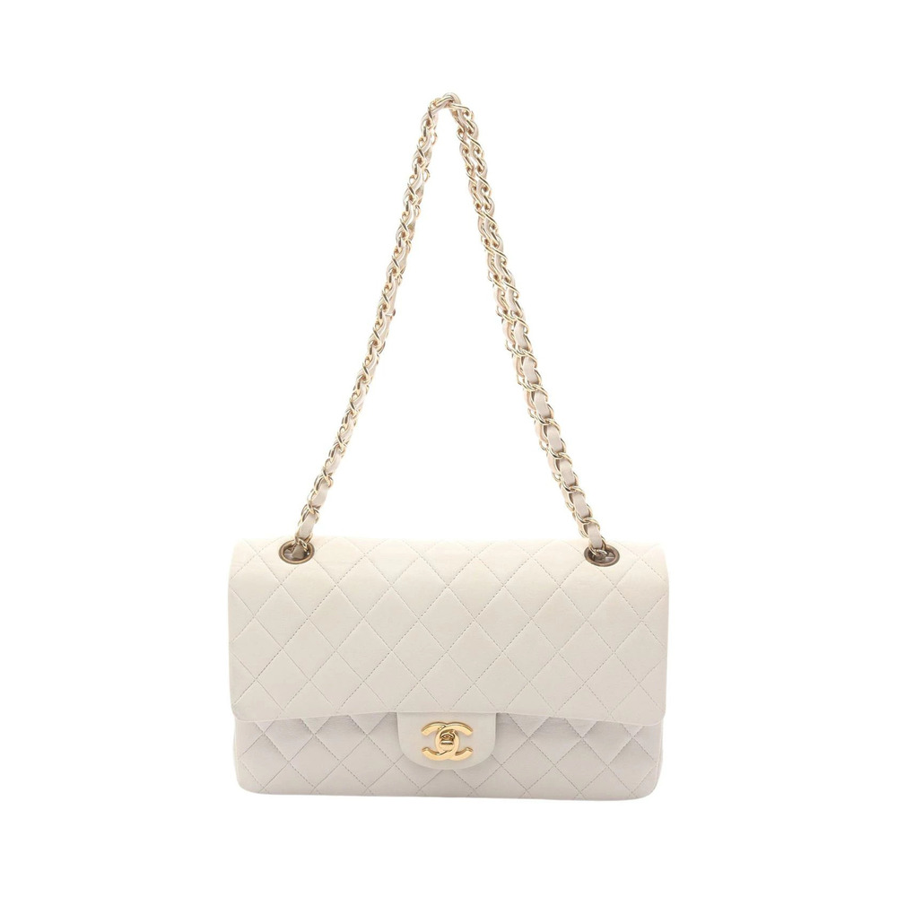 Chanel Matelasse Double Flap Shoulder Bag Lambskin Sheepskin White